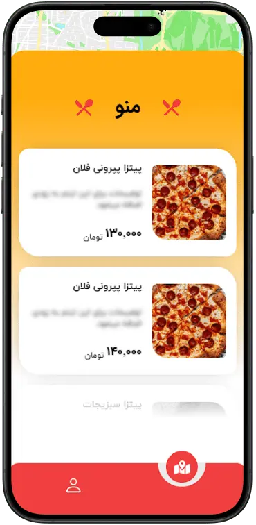 صفحه اصلی اپ گوجه، نمایش نقشه با رستوران‌های اطراف و منوی رستوران در بالا برای انتخاب سریع غذا.